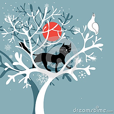Black Cat On The Snow-covered Tree Royalty Free Stock Photography 