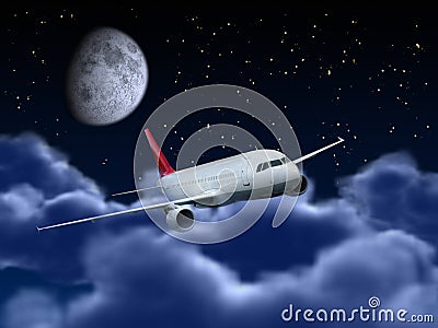 Flying Architecture on Flight Concept   Passenger Airplane Flying Above Night Cloudy Sky