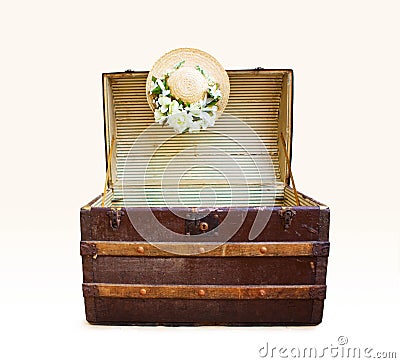 Travel Luggage Trunk on Antique Travel Trunk With Straw Hat  Click Image To Zoom
