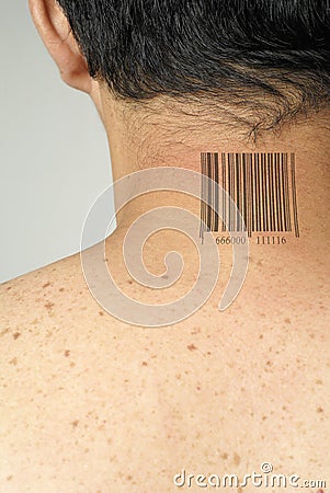 Asian with barcode tattoo on back of neck. Keywords: