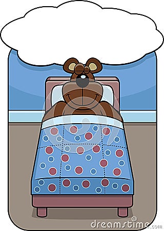 cartoon bear in bed dreaming and smiling.