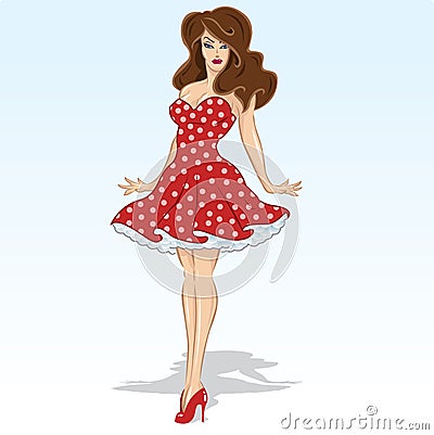  Polka  Dress on Beautiful Brunette Model In A Red Polka Dot Dress Vector Illustration