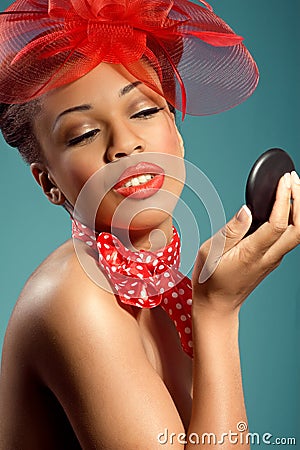 Travel Makeup Mirror on Smiling Pinup Girl Checking Makeup Stock Images   Image  20232064