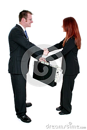 BUSINESS MAN AND WOMAN SHAKING HANDS OVER BRIEFCASE OF MONEY (click image to 