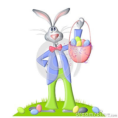 easter bunny with easter eggs in a basket. CARTOON EASTER BUNNY AND EGG