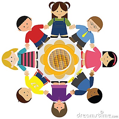 happy children friends group holding hands cartoon illustration Royalty Free