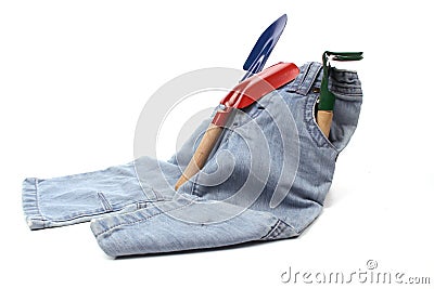 Childrens Gardening Tools on Childrens Toy Garden Tools And A Blue Jeans Stock Photos   Image