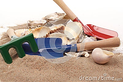 Childrens Gardening Tools on Childrens Toy Garden Tools And On The Beach Royalty Free Stock Image