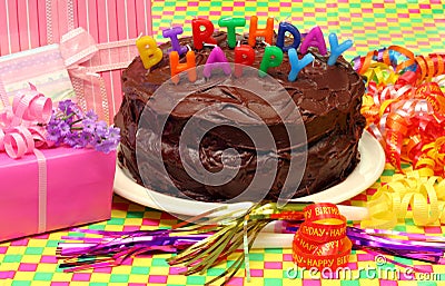 Chocolate Birthday Cake on Chocolate Birthday Cake With Happy Birthday Candles And Festive Party