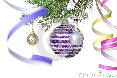 Christmas Balls And Decoration On Fir Tree Branch
