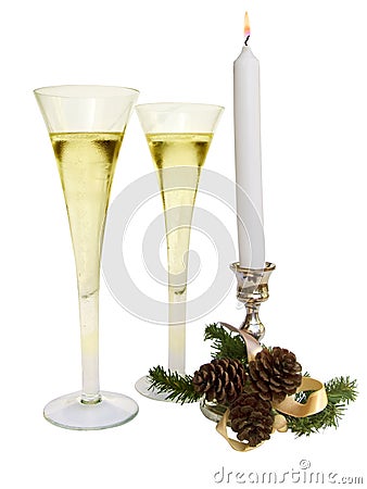 Christmas candle with two champagne cups