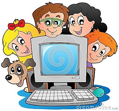  Kids on Computer With Cartoon Kids And Dog  Click Image To Zoom