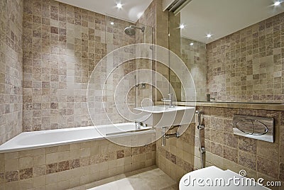 Square Bathroom Sinks on Contemporary Bathroom With Natural Stone Tiles Stock Image   Image