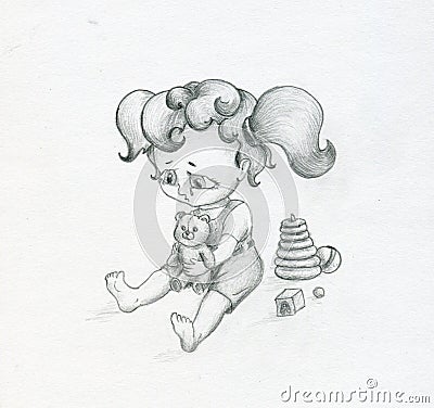 girl crying sketch. CRYING GIRL WITH TOY BEAR