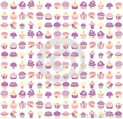 Strawberry Birthday Cake on Seamless Background Of Cute Cupcakes In Pastel Colors   Vector File