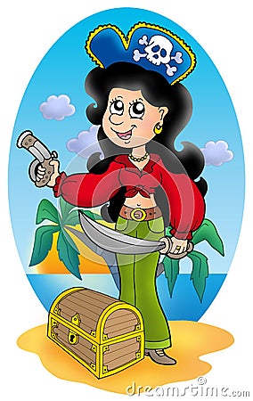 CUTE PIRATE GIRL WITH TREASURE CHEST 
