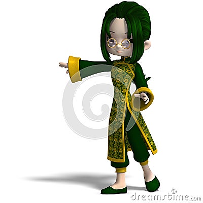 Royalty Free Stock Photos: Funny cartoon girl in green china dress. 3D