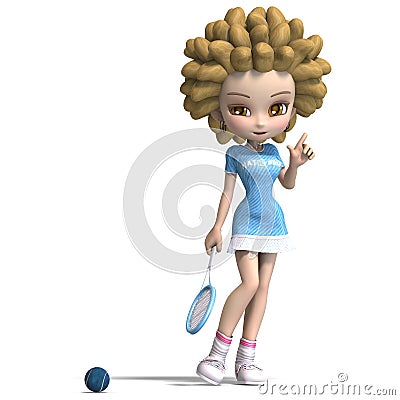FUNNY CARTOON GIRL WITH CURLY HAIR PLAYS TENNIS