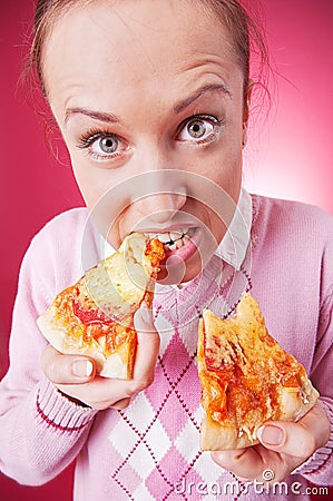 Funny Picture Of Woman Eating Pizza Royalty Free Stock Image