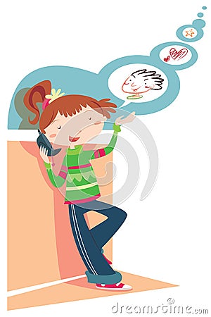 Illustration of a girl talking on mobile phone. Keywords: call cartoon cell 