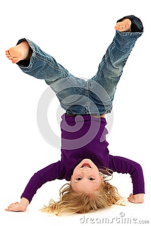 Girl Child Hand Stand Standing On Head Stock