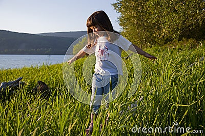 Tall Girl Clothes on Home   Stock Image  Girl Walking On A Log In Tall Grass