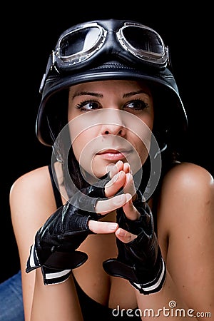 Motorcycle Helmet on Girl With Us Army Style Motorcycle Helmet Royalty Free Stock Images