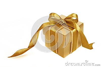 Gold Gift Box With Gold Ribbon Isolated