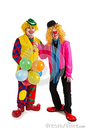 Clown  Birthday Party on Pair Of Happy Clowns Are Having A Celebration With Balloons