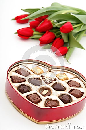HEART SHAPED BOX OF CANDY AND TULIPS (click image to zoom)