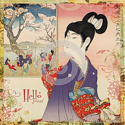 japanese art geisha. JAPANESE GEISHA GIRL CARD OR