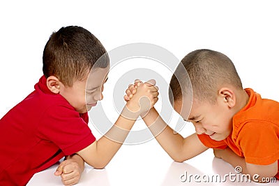  Architecture on Two Boys Arm Wrestling  Ages Eight And Six Years  Isolated On White