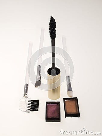 Mascara Brush on Make Up Brushes  Eyeshadows And Mascara At White Backround