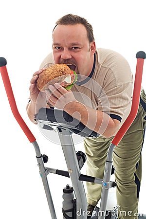 fat man eating burger. Added to queue fat man can eat