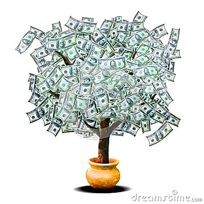 Tree on Tree With Money Leaves Growing From A Golden Pot