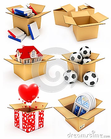 New house, heart, window, books and balls in box
