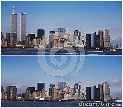 NEW YORK MANHATTAN SKYLINE - BEFORE AND AFTER 9/11 (click image to zoom)