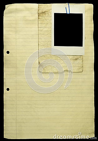 OLD LINED PAPER WITH PAPER CLIP AND A POLAROID. (click image to zoom)