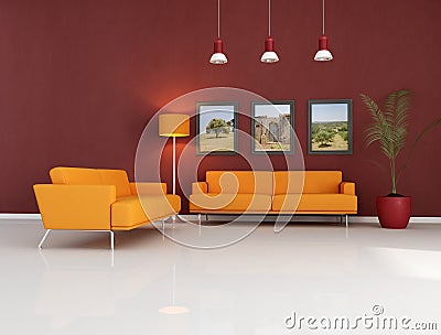 Modern Living Room  on Royalty Free Stock Photography  Orange Couch In Modern Living Room