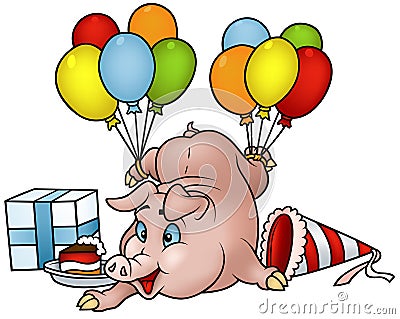 Farm Birthday Party on Pig With Balloons   Happy Birthday   Cartoon Illustration As Detailed
