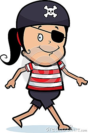 A cartoon pirate girl walking and smiling. Keywords: