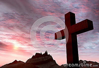 Red Stone Cross On A Background Of Extremely Storm Sky And Mount