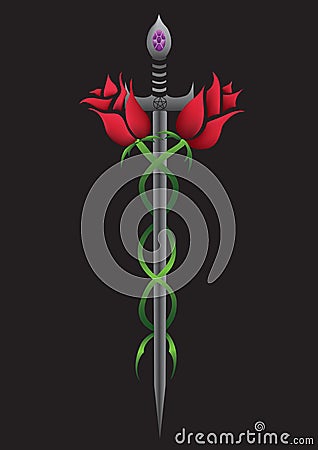 Roses wrapping around sword, tattoo style. Keywords: