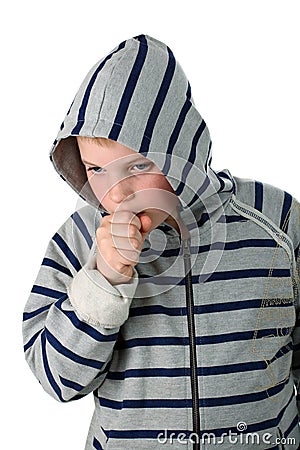 Small Boy Coughing In A Hood Isolated On 