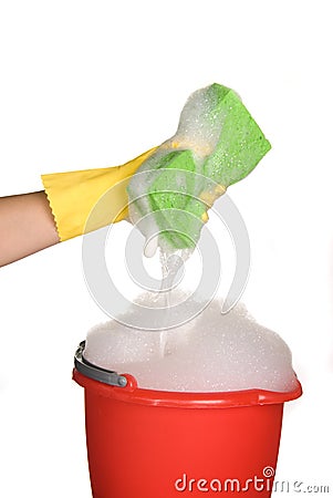 SPONGE, BUCKET AND SOAPY WATER
