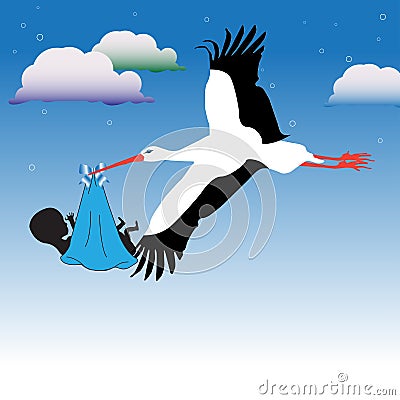 Flying Architecture on Illustration With Clouds And Stork Flying High Carrying A Baby