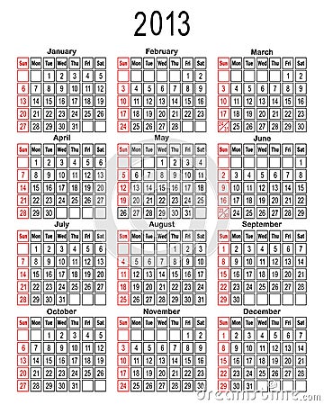 Free 2013 Yearly Calendar on Vector Illustration  Template For Calendar 2013  Image  25652862