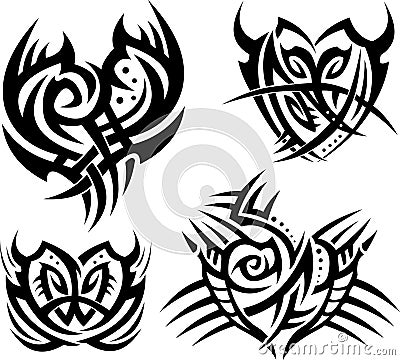 Four tattoos with abstract hearts and shields. Keywords: