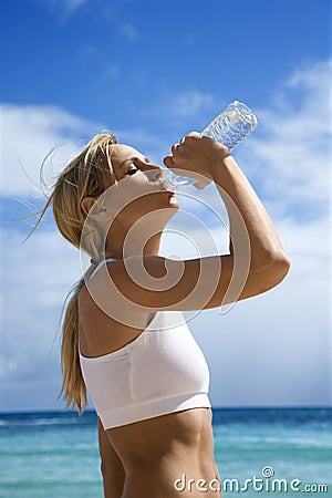 stock photos women drinking water. WOMAN DRINKING WATER ON BEACH. (click image to zoom)