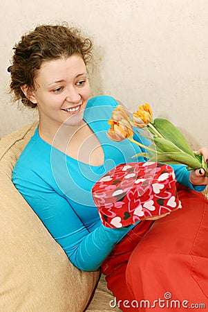 Flowers  Gifts on Stock Photo  Woman Getting Flowers And Gift  Image  13837700